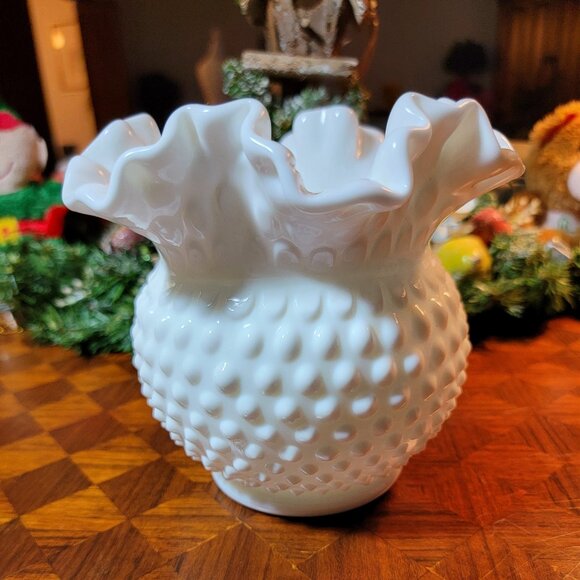 Vintage White Hobnail Milk Glass Vase with Ruffled Edge - Picture 1 of 3